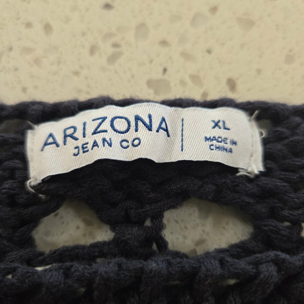 Arizona Jean Co Sweater Womens XL Crochet Navy Blue Cream Striped Open Knit - Picture 2 of 6